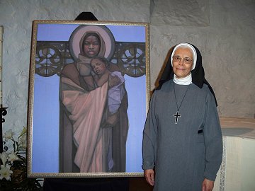 Sr. Ana Clara, OSA, Mother Superior with Mary and Jesus with the Papel Picado